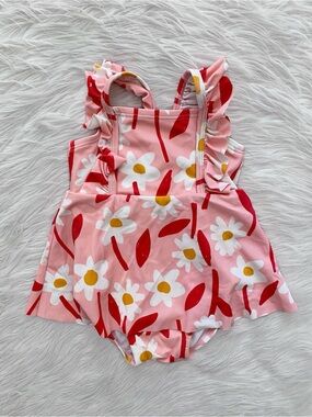 Hanna Andersson Pink Daisy Floral Ruffle Skirted One Piece Swimsuit Girls 12-18M